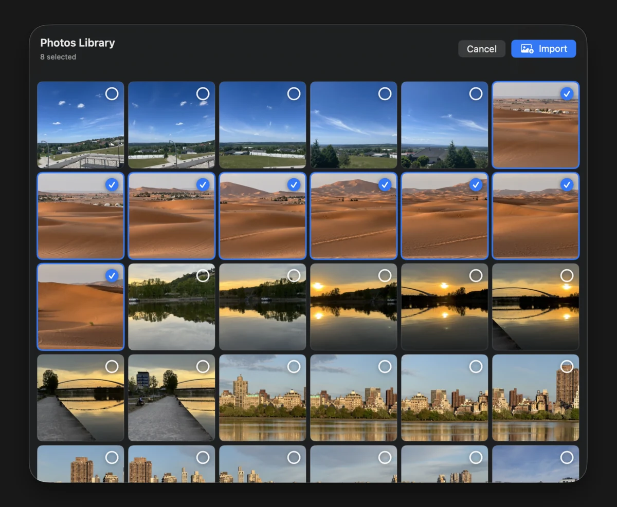 Apple Photos picker with panorama source photos selected