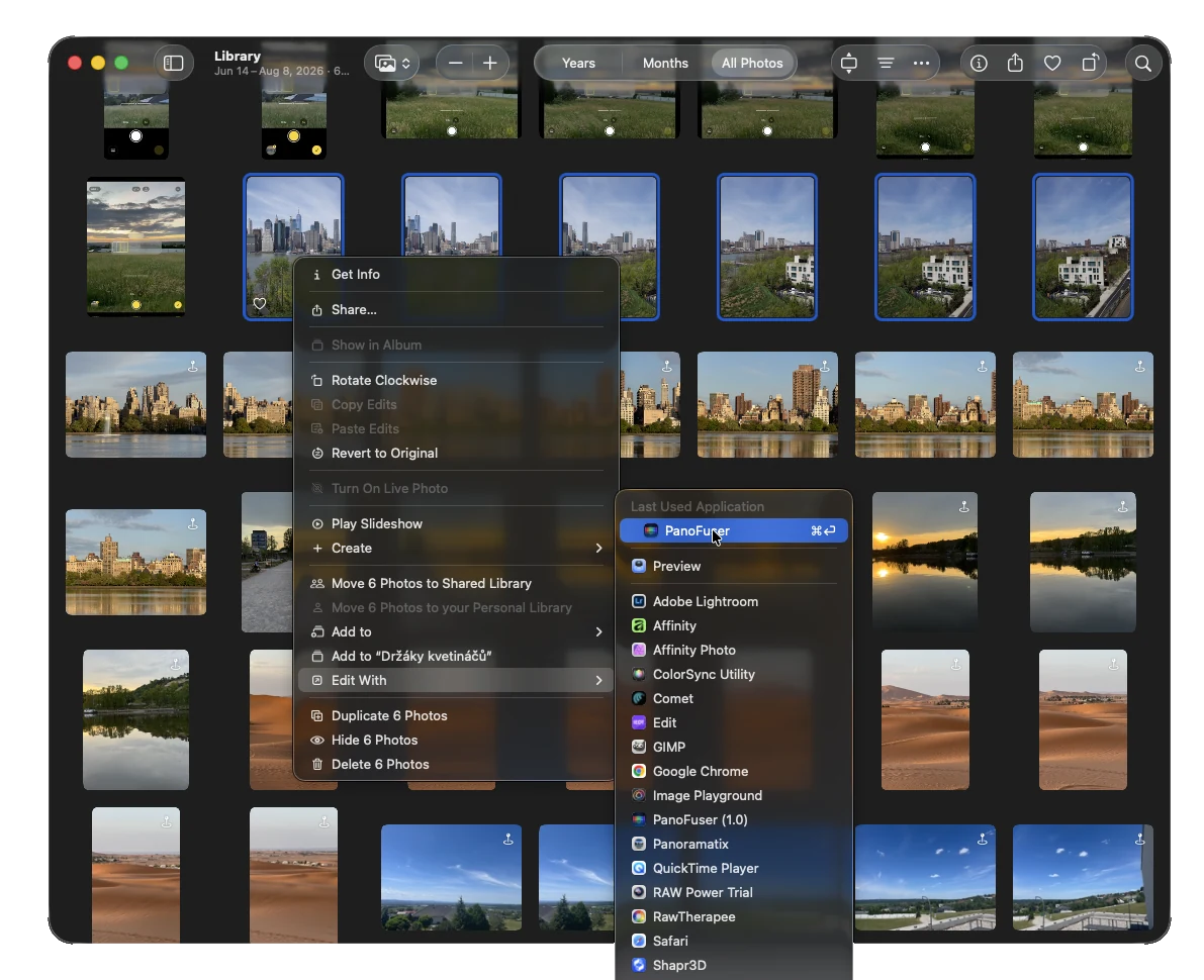 Apple Photos Edit With menu showing PanoFuser