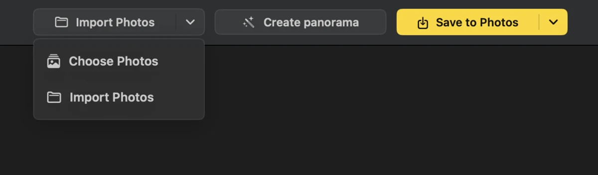 PanoFuser import menu with ways to bring in source photos