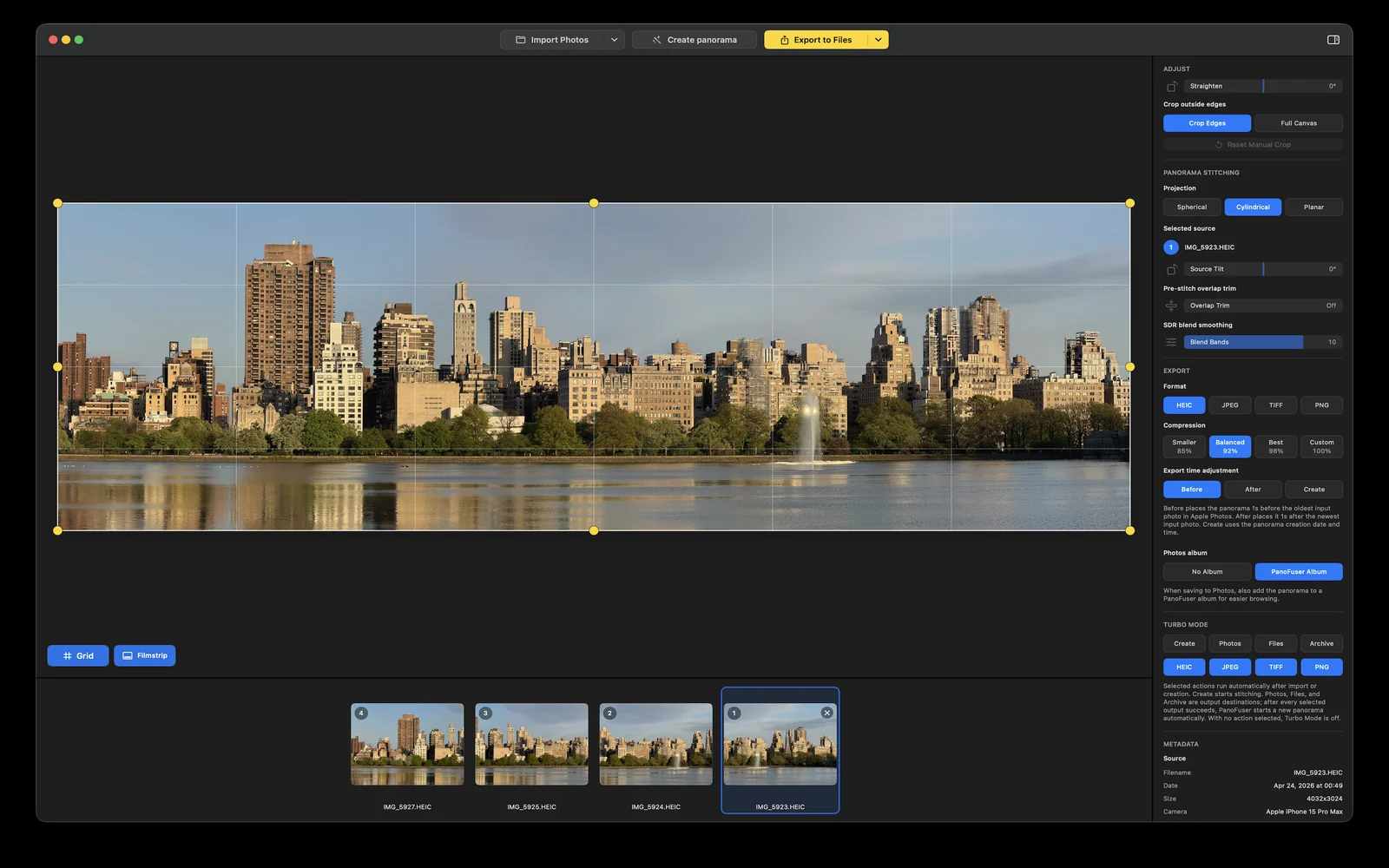 PanoFuser on Mac with stitched panorama, adjustment controls, and export options