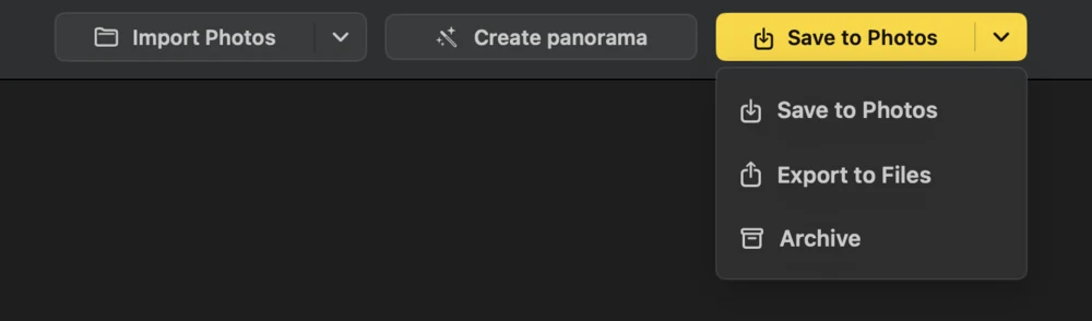 PanoFuser export menu with Save to Photos, Export to Files, and Archive