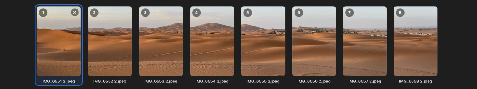 PanoFuser filmstrip with imported panorama source photos ready for review