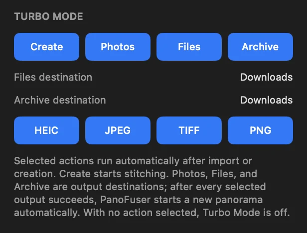 PanoFuser Turbo Mode settings for automatic create, Photos, Files, and Archive actions