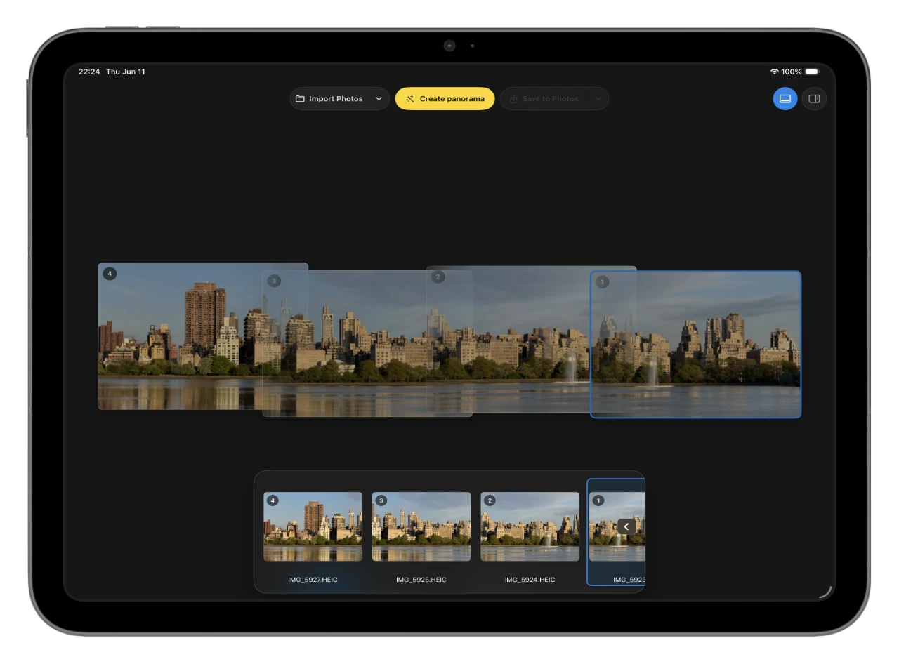 PanoFuser running on iPad with the panorama creation controls visible