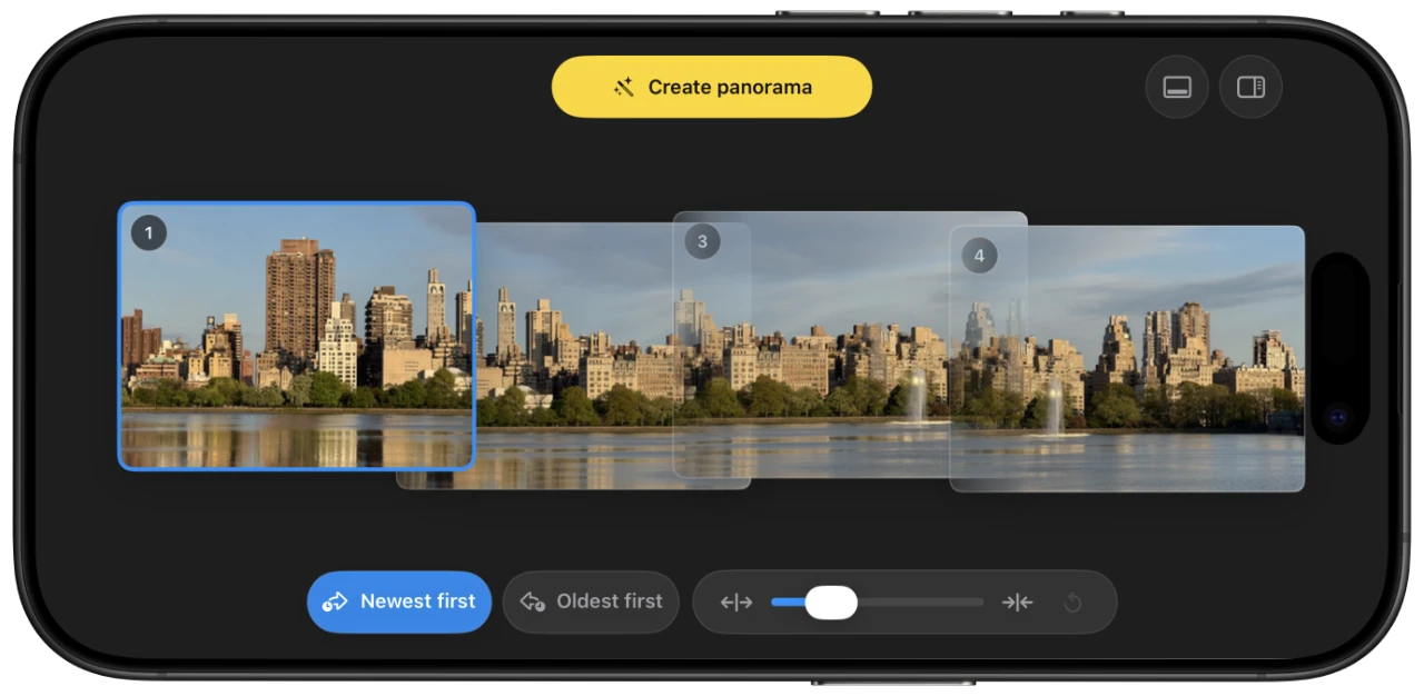 PanoFuser running on iPhone with overlapping panorama source photos in a compact layout