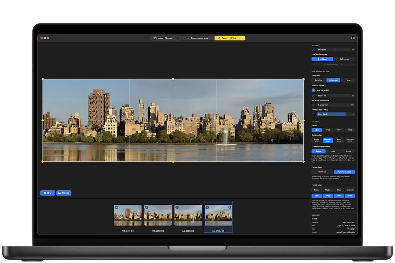 PanoFuser running on Mac with overlapping city photos arranged for panorama creation