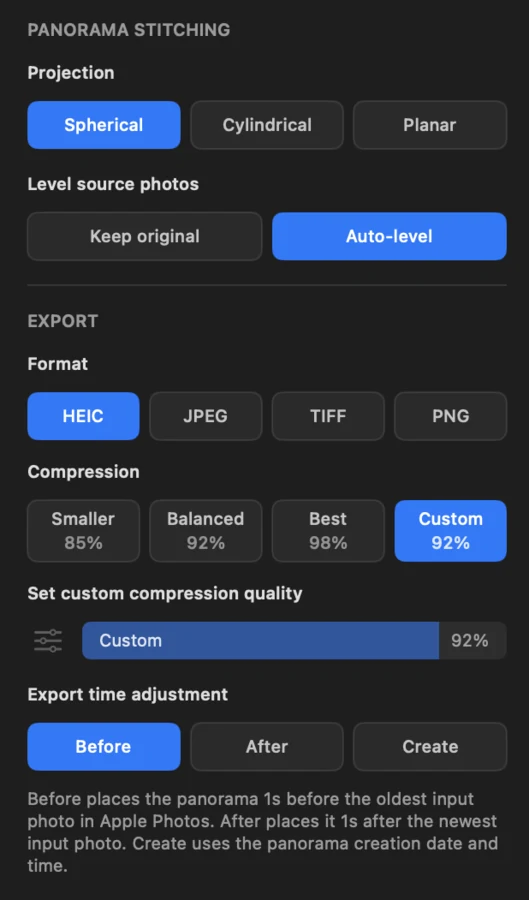 PanoFuser inspector export settings