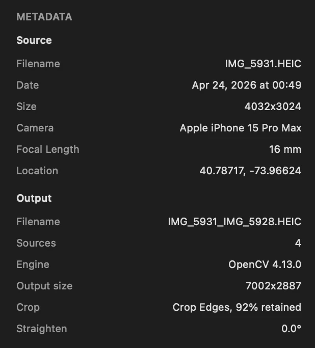 PanoFuser inspector metadata for source and output image